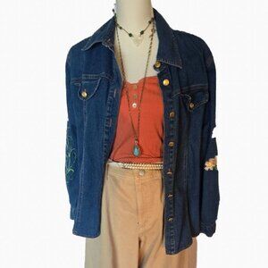 Wearable Art brand Jean Jacket with embroidered sleeves, size Medium